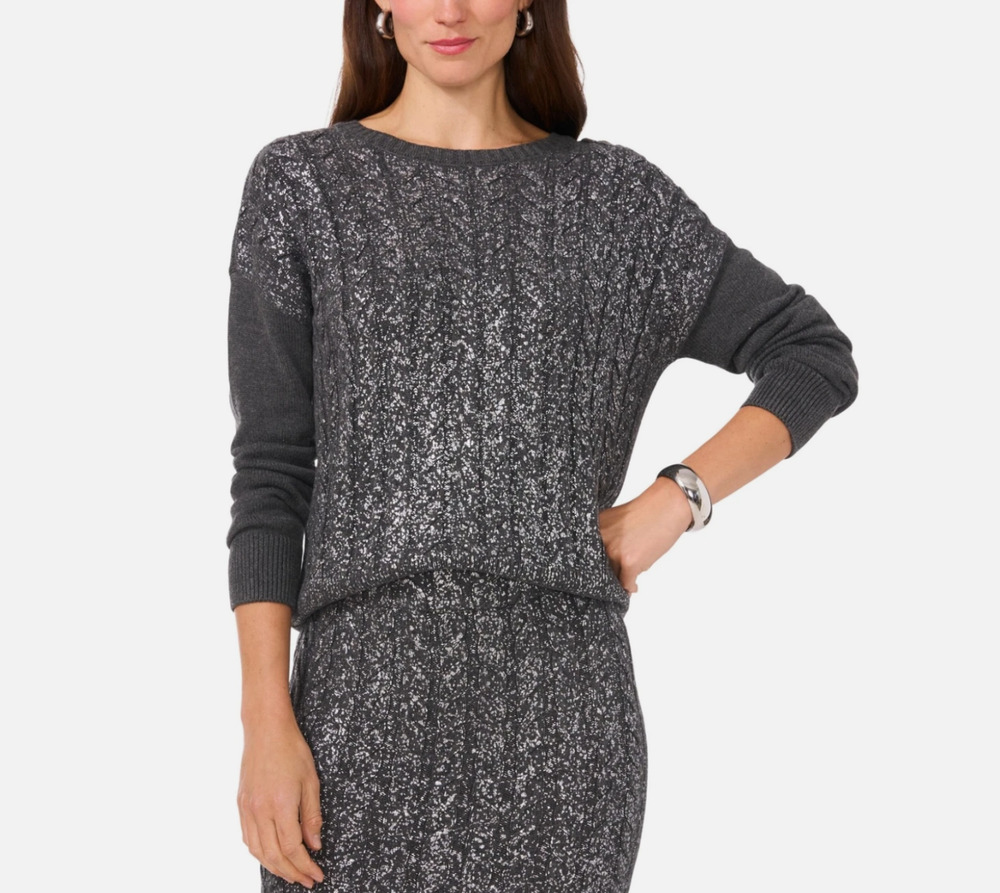 Vince Camuto Women Cable Knit Shine Crewneck Sweater Heather Grey Size XL